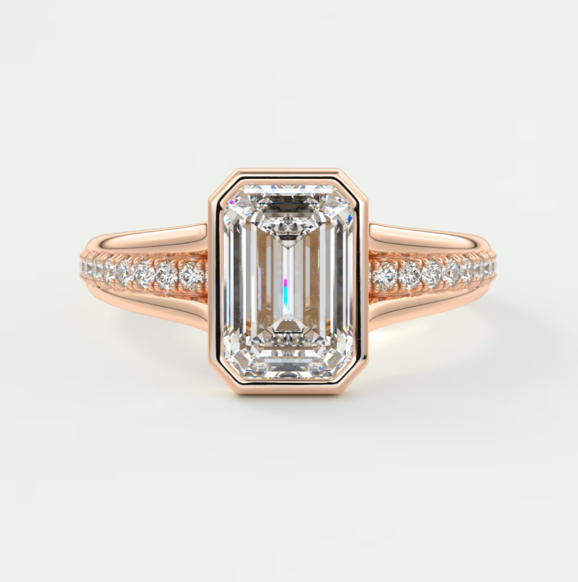 Custom made neriah emerald bezel set engagement ring | split shank | diamond lab