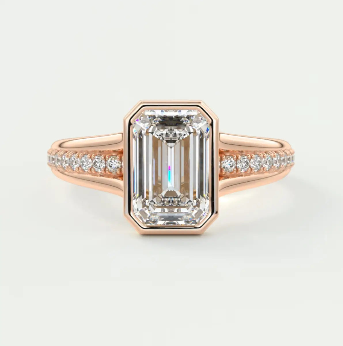 Custom made neriah emerald bezel set engagement ring | split shank | diamond lab