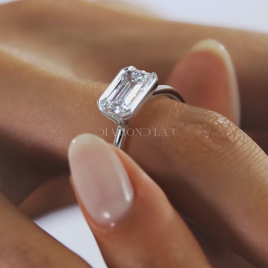 Solara East-West Emerald Half Bezel Ring – Lab Diamond or Moissanite