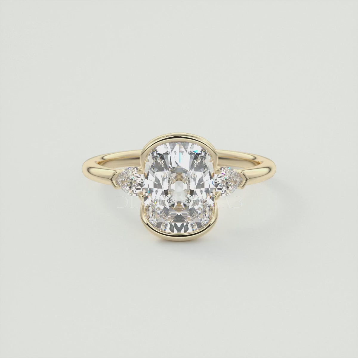 Solara Elongated Cushion Half Bezel Three-Stone Engagement Ring