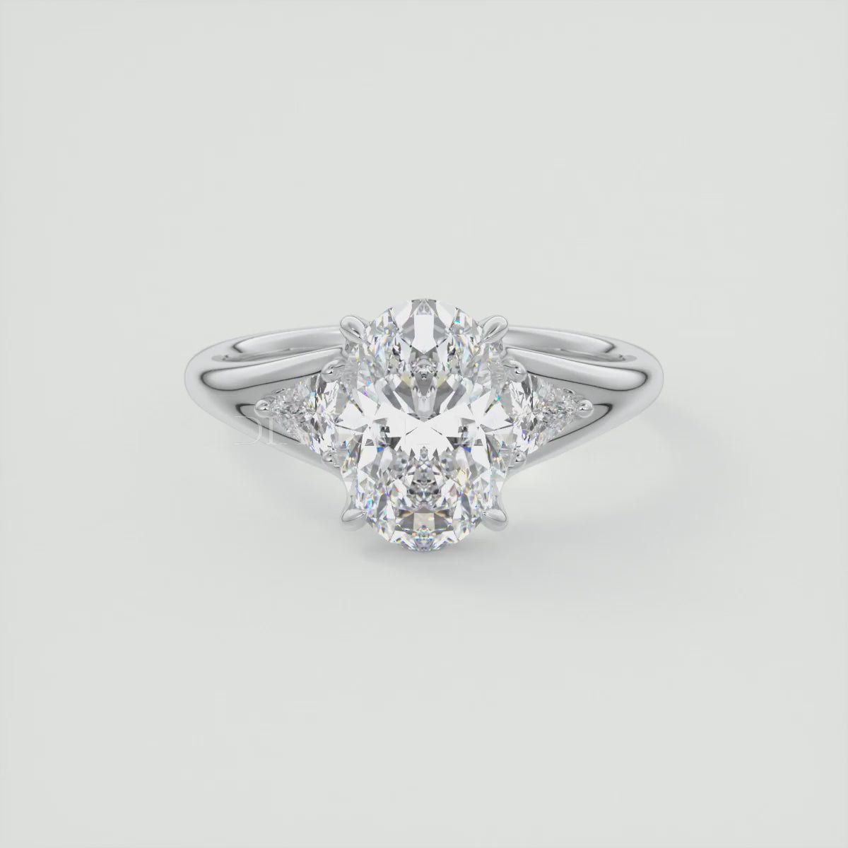 Solena Oval Three-Stone Split Shank Engagement Ring with Trillions