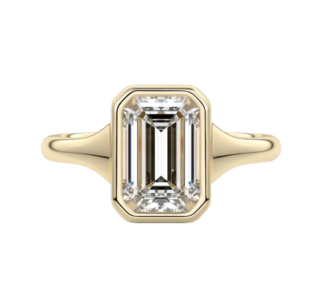 18k yellow gold emerald cut diamond engagement ring.