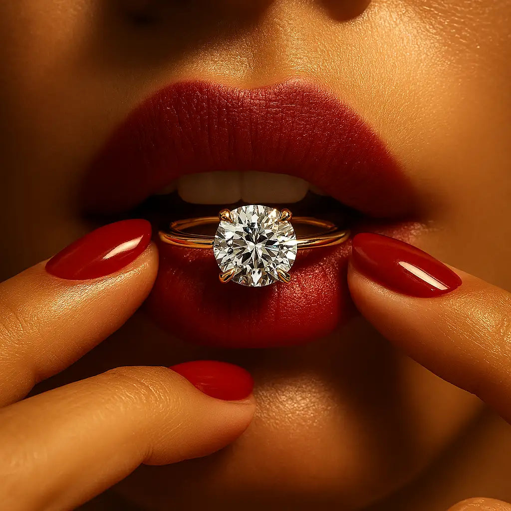 Close-up of a diamond ring between lips with red nail polish