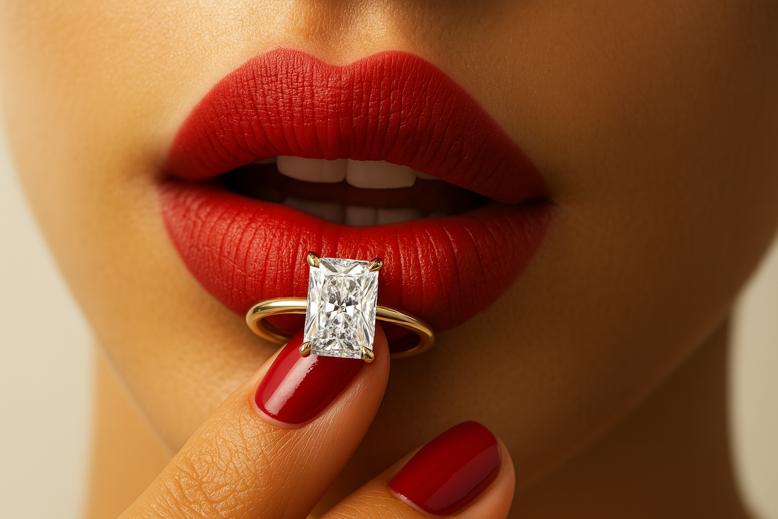 Close-up of a woman's lips with a diamond ring on her finger