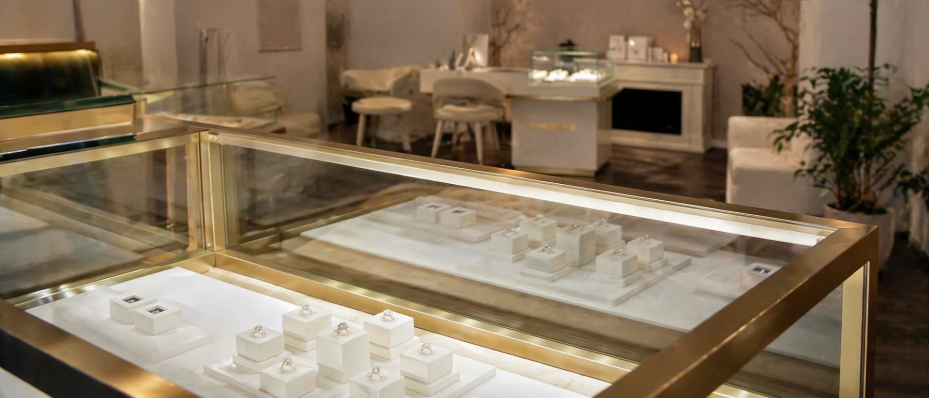 Display case with jewelry in a high-end store setting