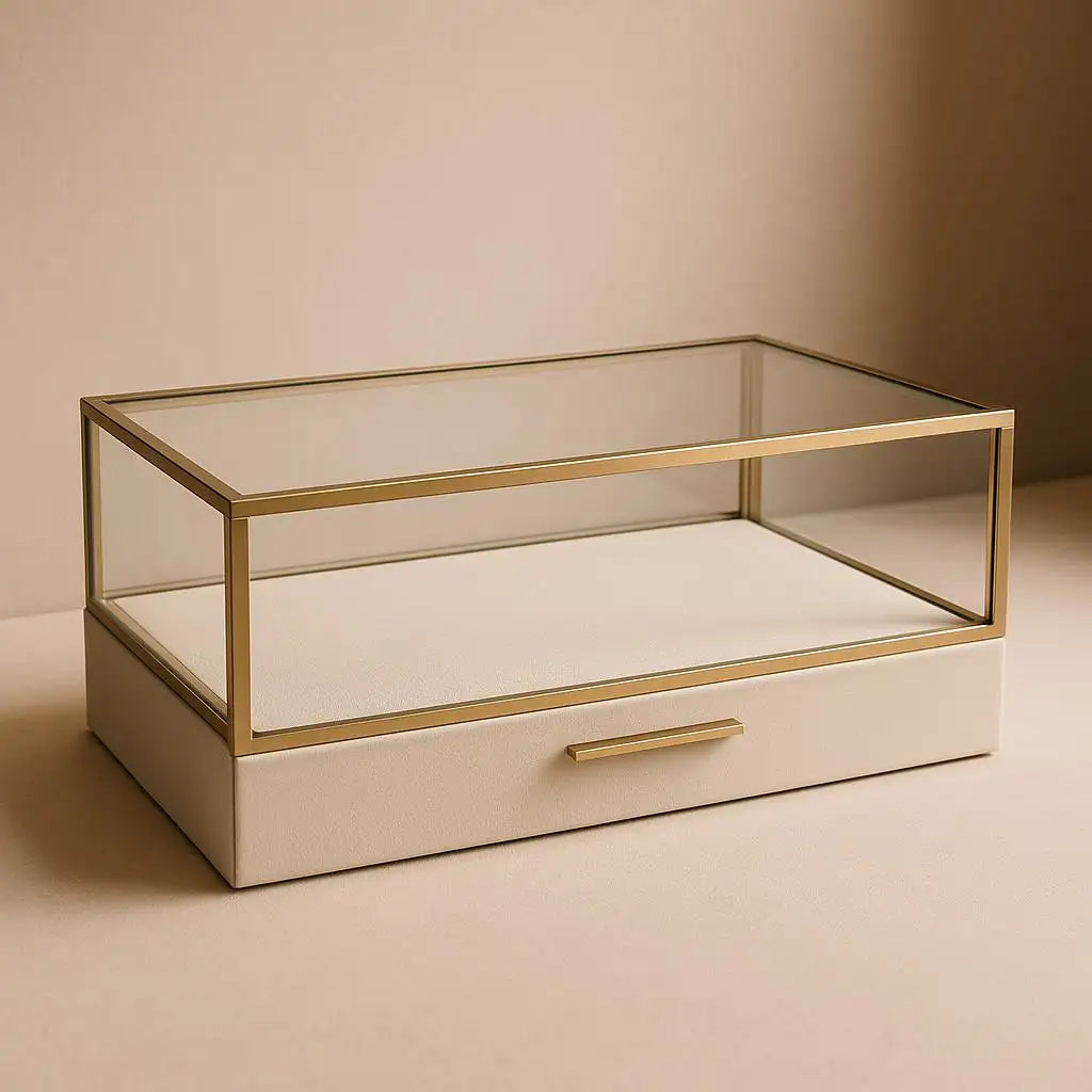 A sleek, rectangular jewelry box with a gold-toned metal frame and glass sides, featuring a cream-colored leather base and drawer.