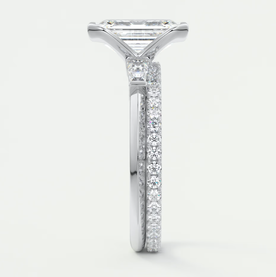 Custom made solara baguette emerald three-stone engagement ring | diamond lab