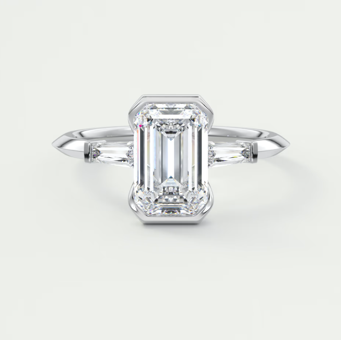 Custom made solara baguette emerald three-stone engagement ring | diamond lab