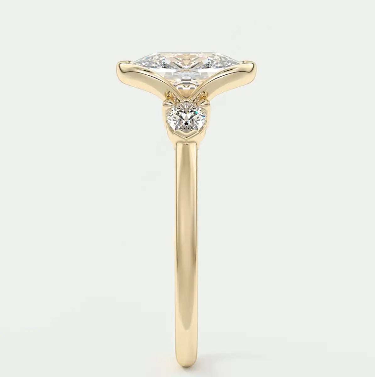 Custom made solara elongated cushion half bezel three-stone engagement ring | diamond lab