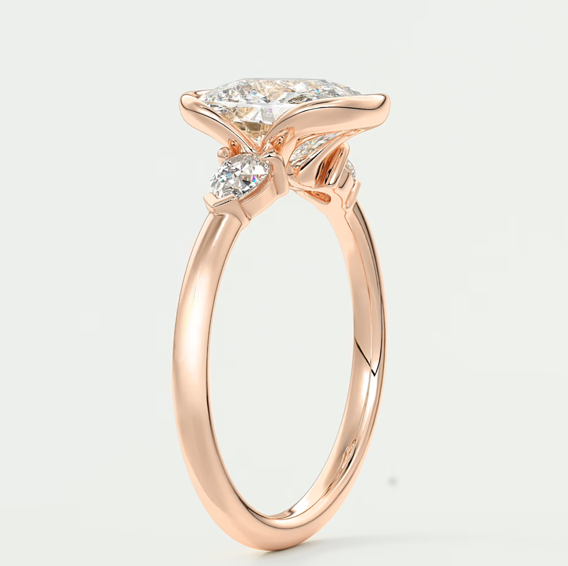 Custom made solara elongated cushion half bezel three-stone engagement ring | diamond lab