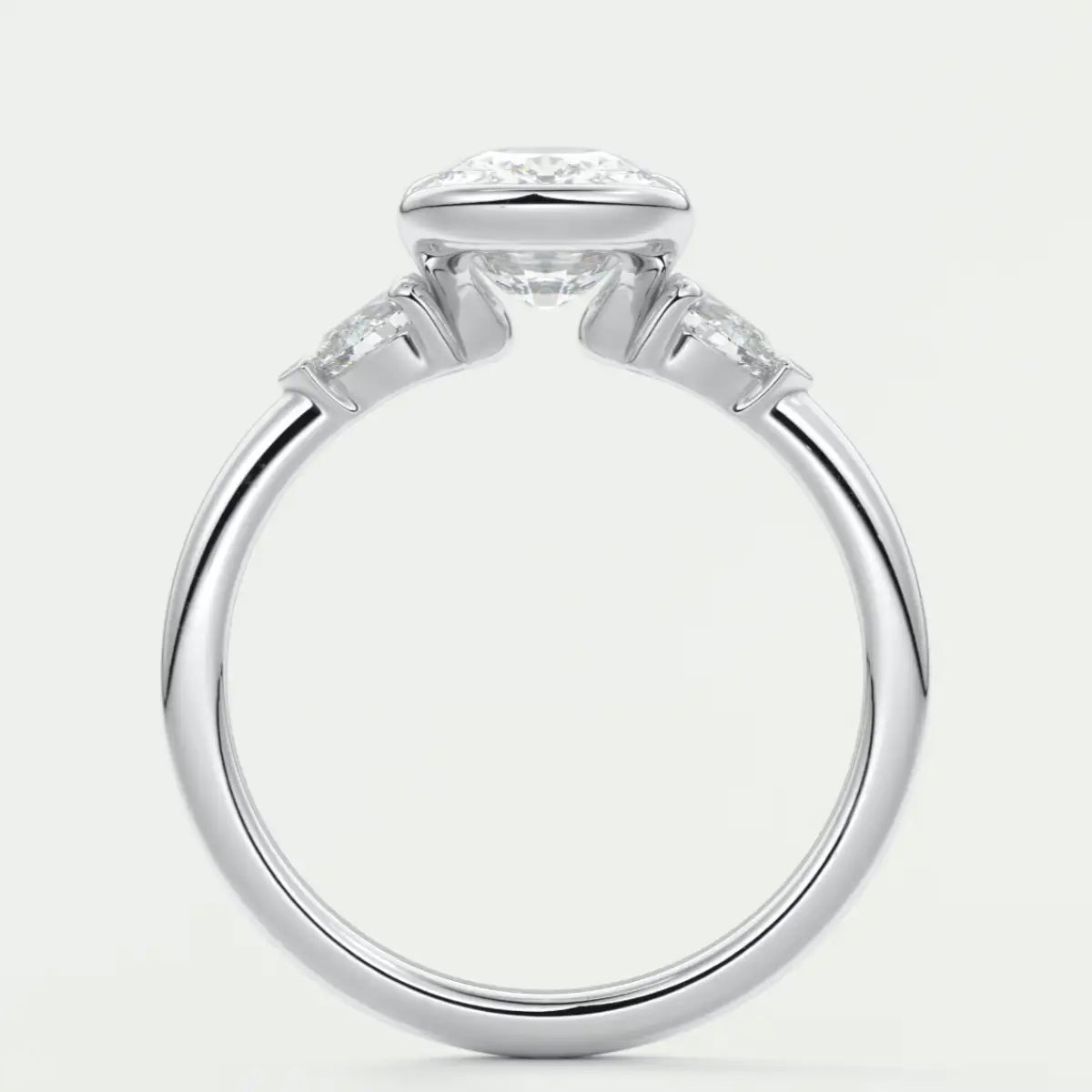 Custom made solara elongated cushion half bezel three-stone engagement ring | diamond lab