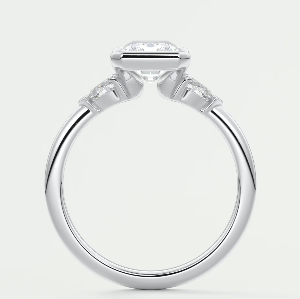 Custom made solara elongated radiant half bezel three-stone engagement ring | diamond lab