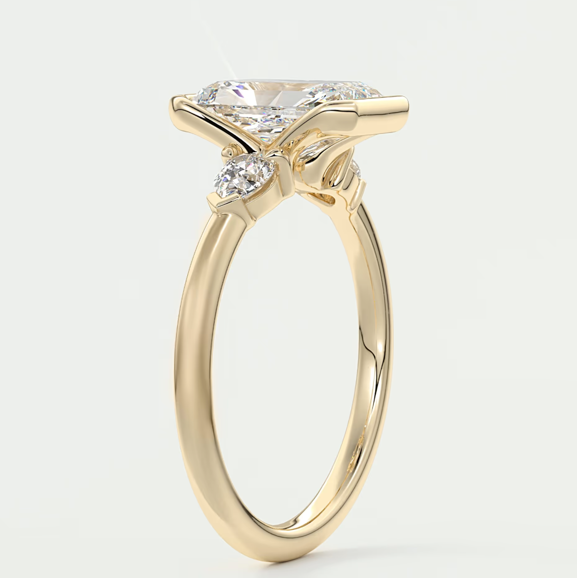 Custom made solara elongated radiant half bezel three-stone engagement ring | diamond lab