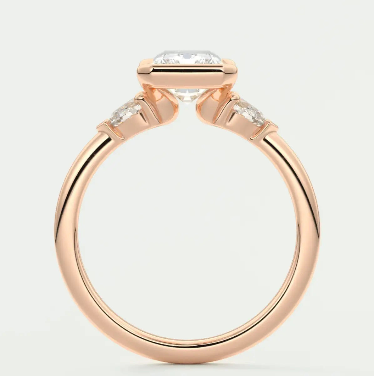 Custom made solara elongated radiant half bezel three-stone engagement ring | diamond lab