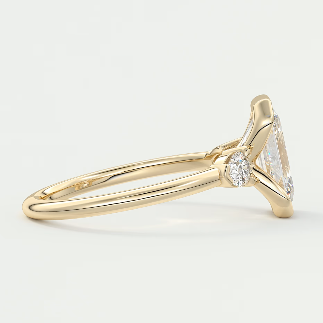 Custom made solara emerald half bezel three-stone engagement ring | diamond lab