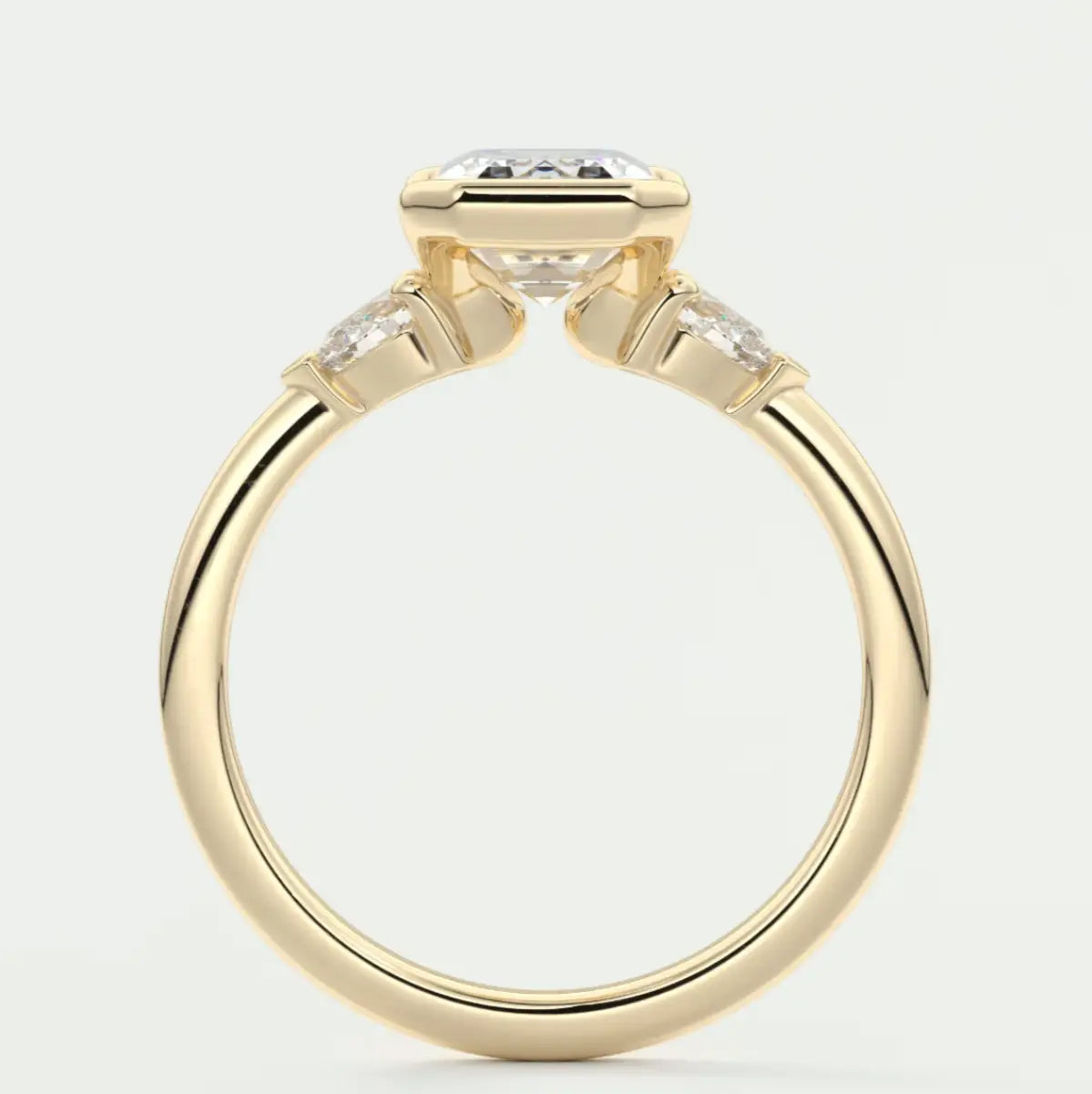 Custom made solara emerald half bezel three-stone engagement ring | diamond lab