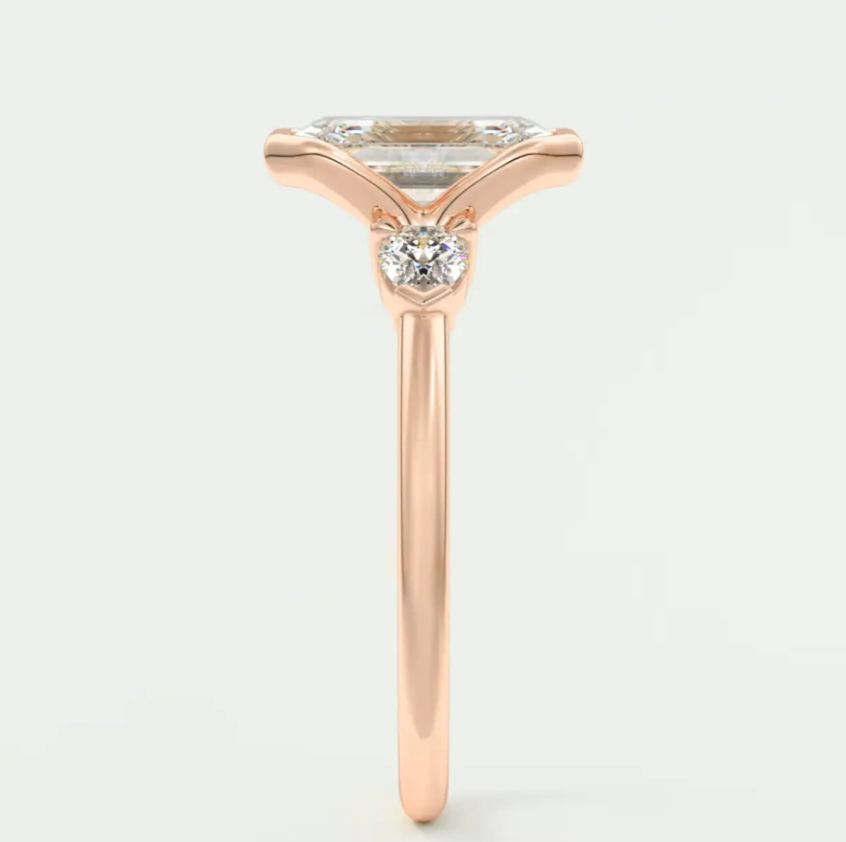 Custom made solara emerald half bezel three-stone engagement ring | diamond lab