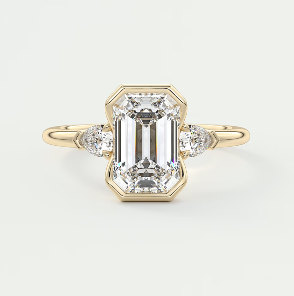 Custom made solara emerald half bezel three-stone engagement ring | diamond lab