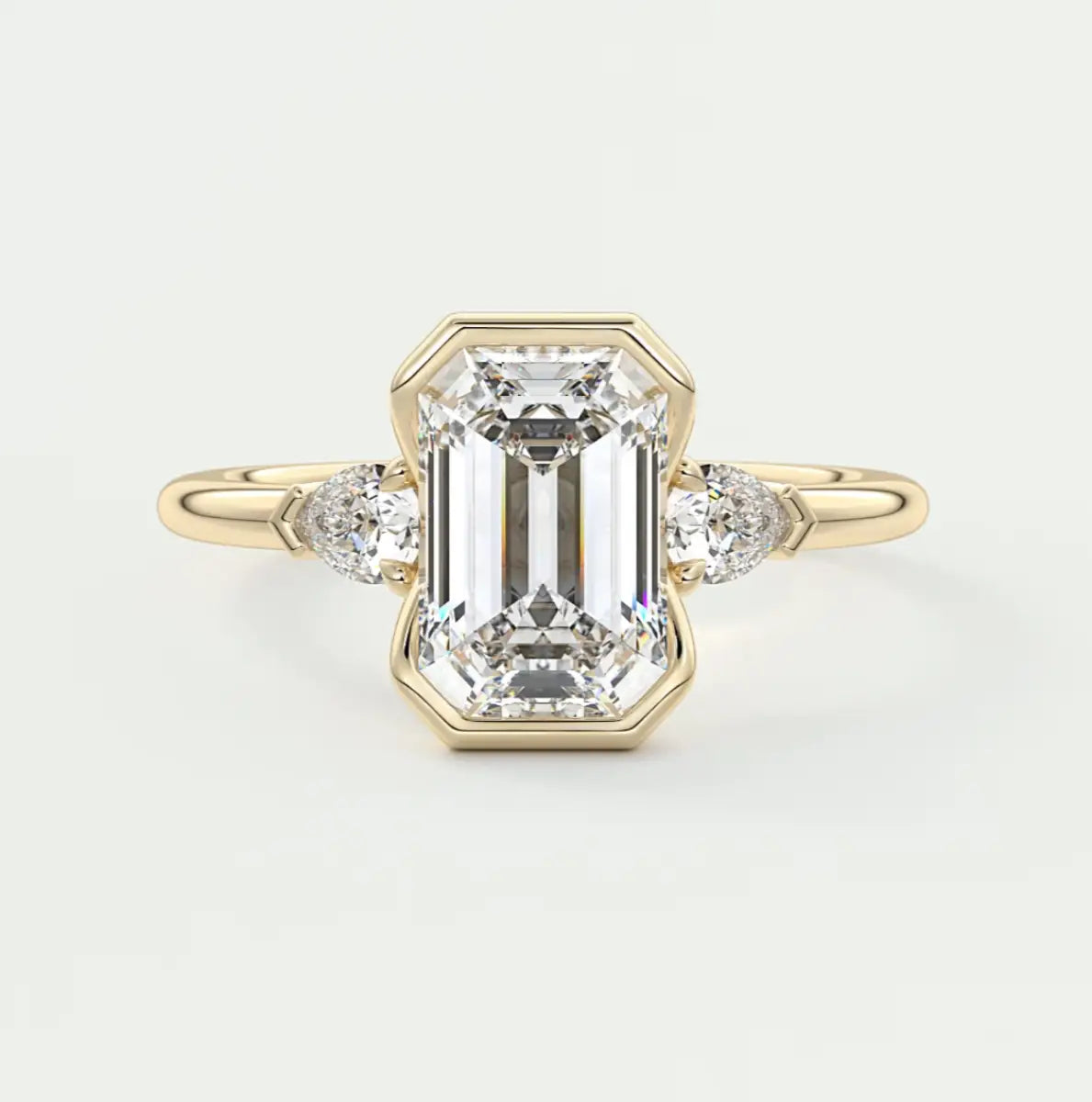 Custom made solara emerald half bezel three-stone engagement ring | diamond lab