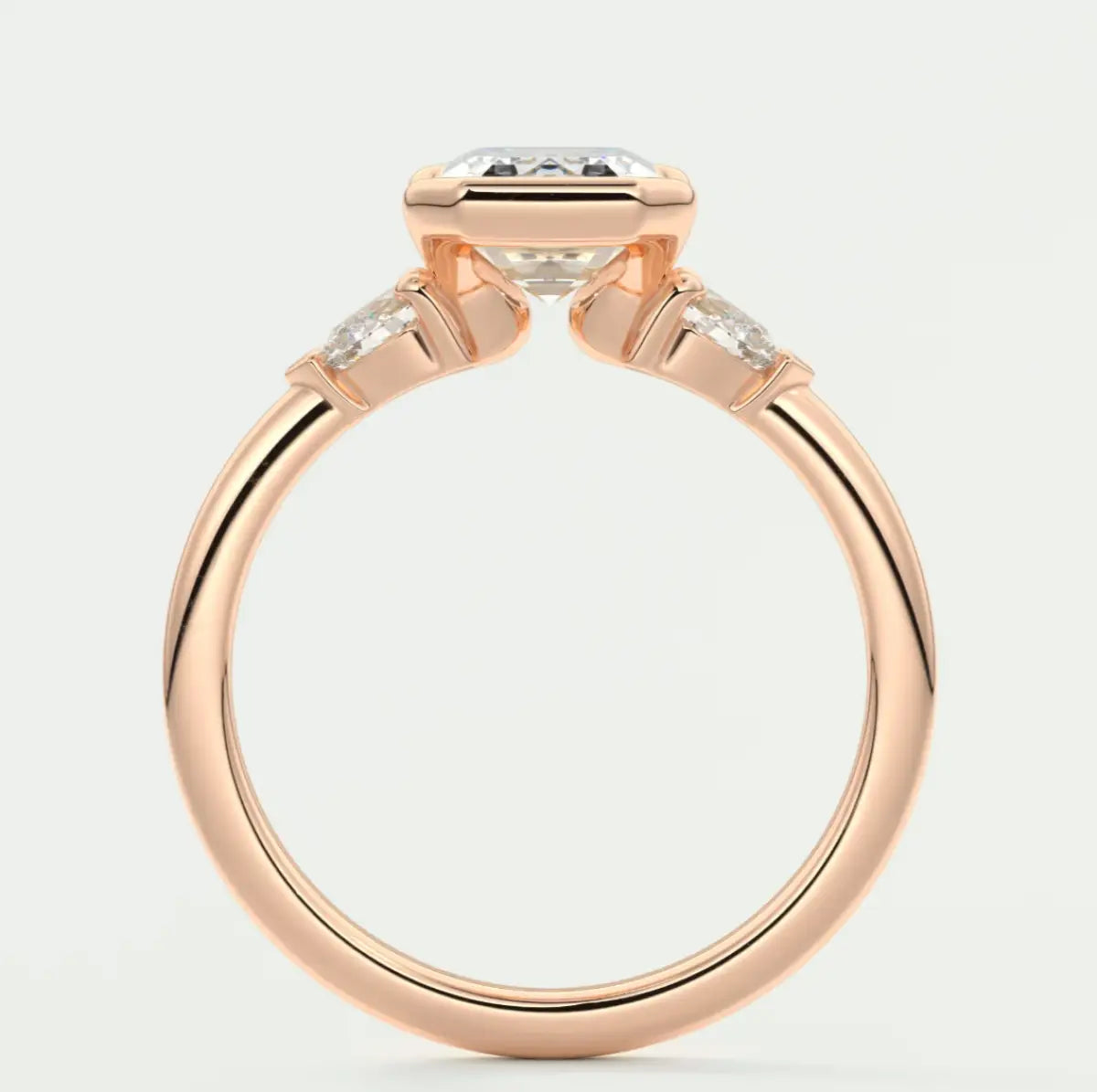 Custom made solara emerald half bezel three-stone engagement ring | diamond lab