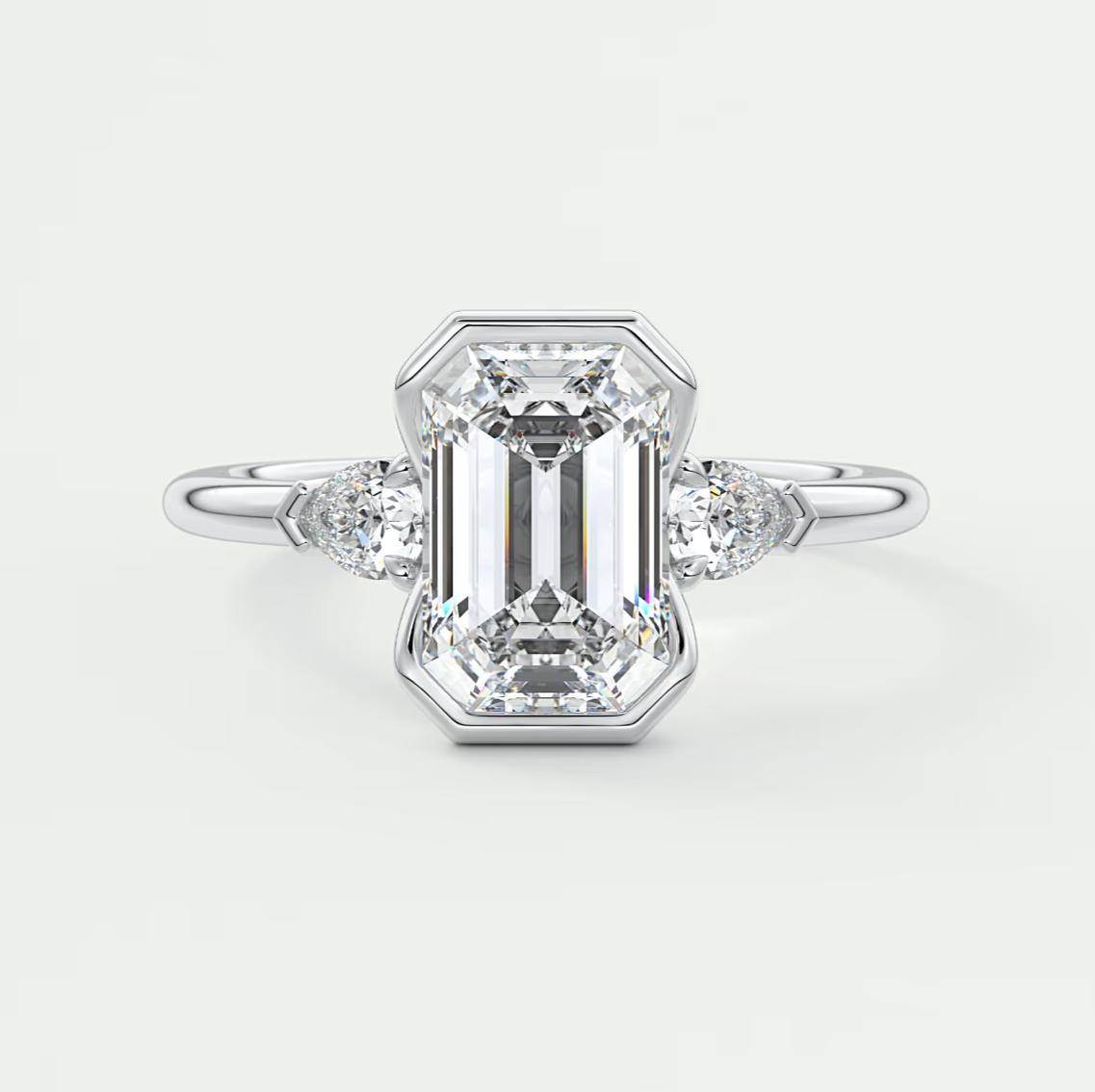 Custom made solara emerald half bezel three-stone engagement ring | diamond lab