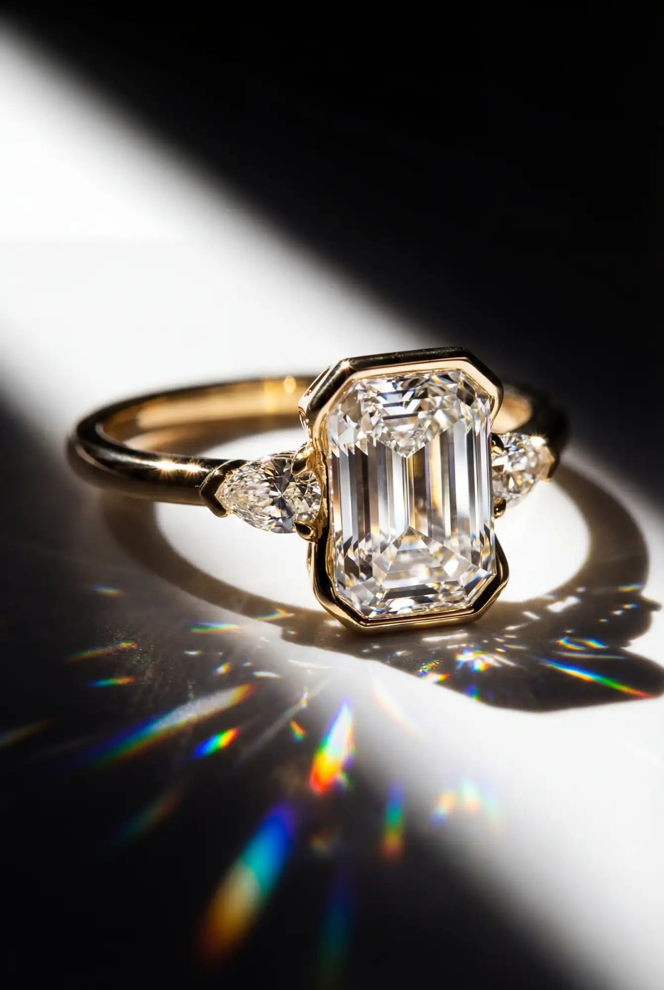 Gold ring with a large diamond on a reflective surface