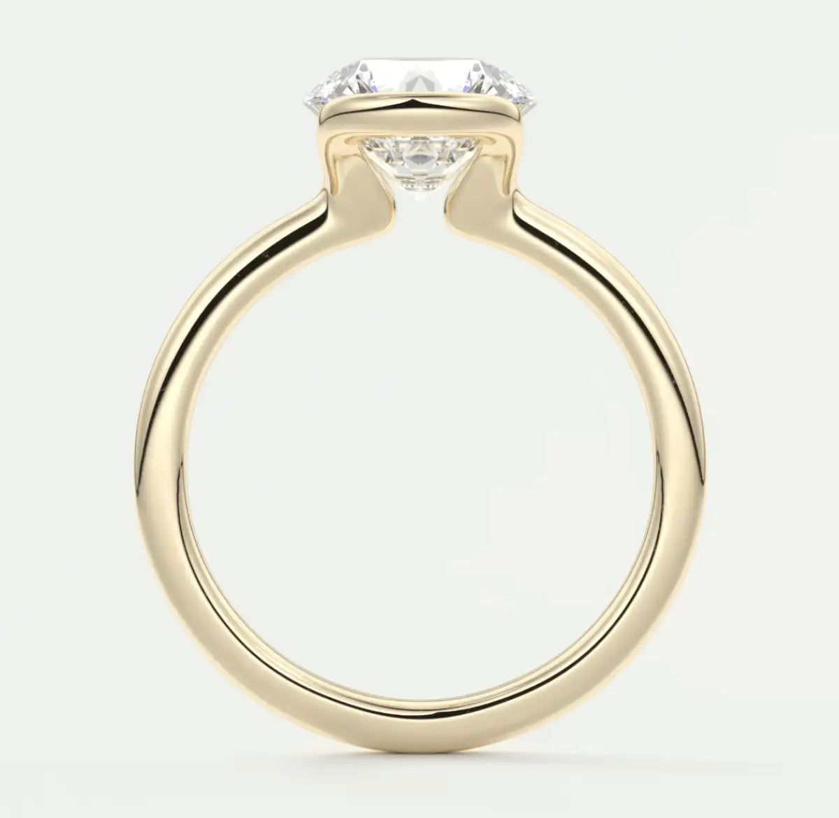 18k yellow gold engagement ring with a princess cut diamond and two smaller diamonds on either side.