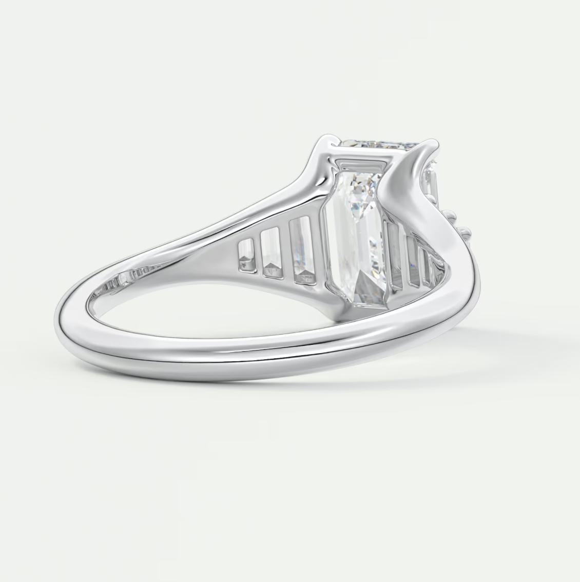 Custom made solena emerald split shank engagement ring with baguette side stones | diamond lab