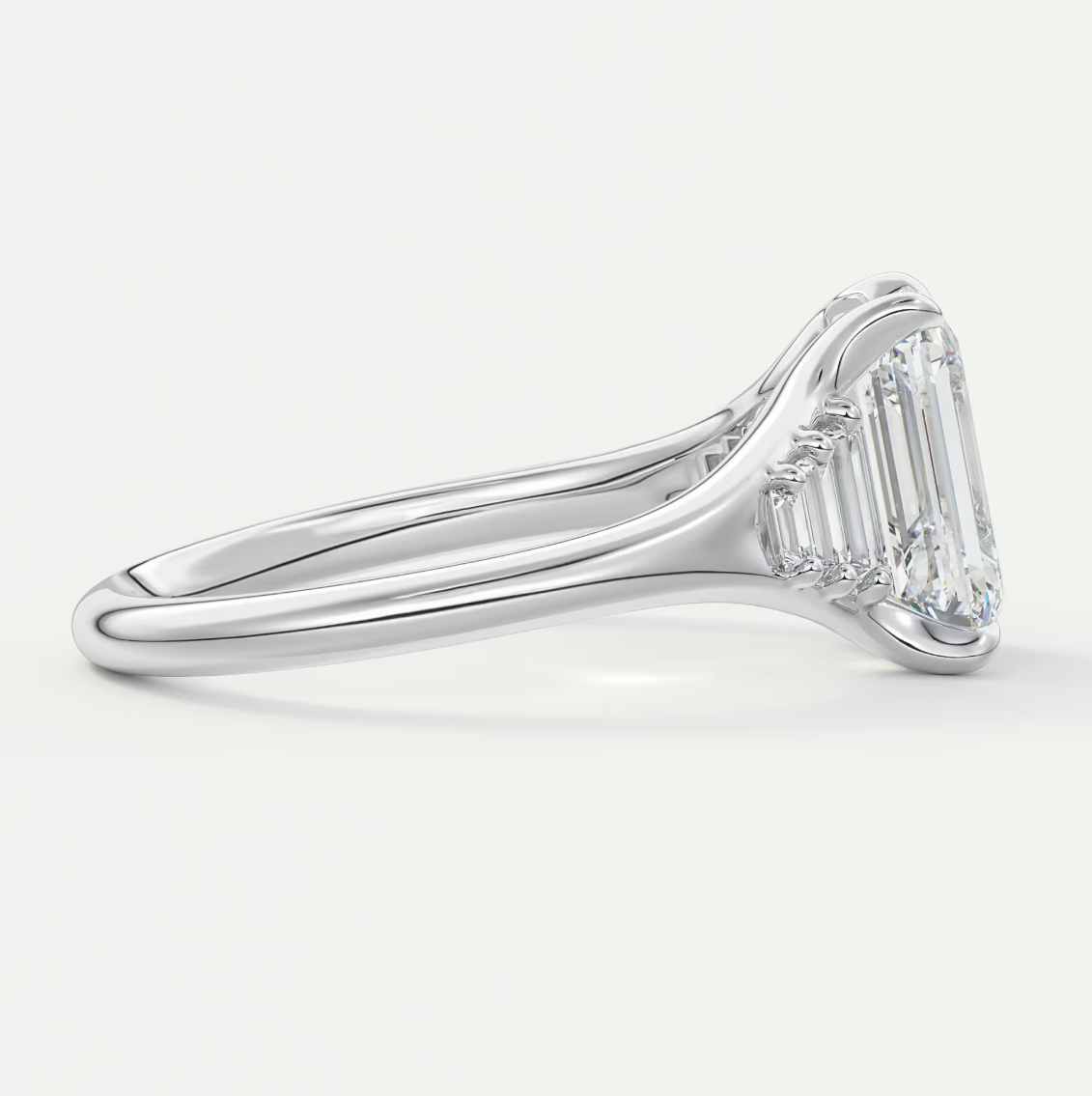 Custom made solena emerald split shank engagement ring with baguette side stones | diamond lab