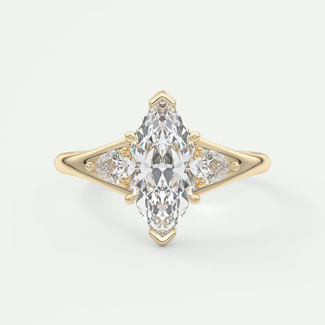Custom made solena marquise three-stone engagement ring with split shank | diamond lab