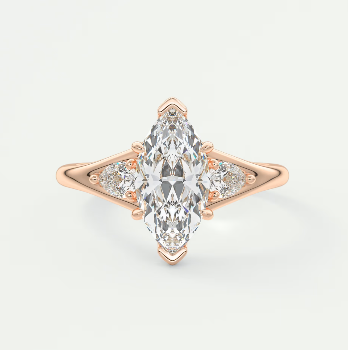 Custom made solena marquise three-stone engagement ring with split shank | diamond lab
