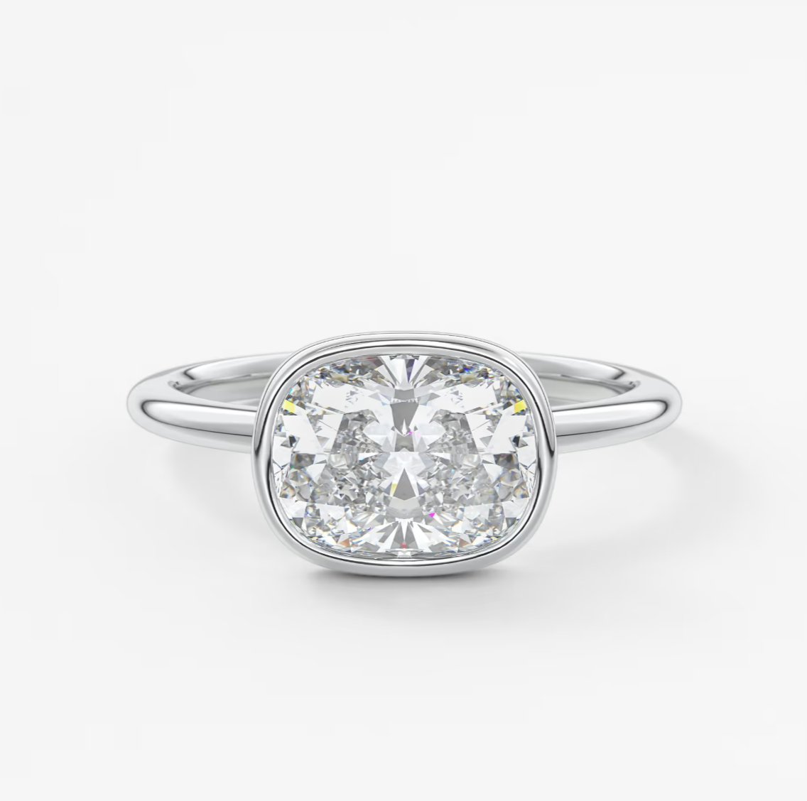 Custom made véda east-west cushion bezel engagement ring | lab diamond or moissanite –