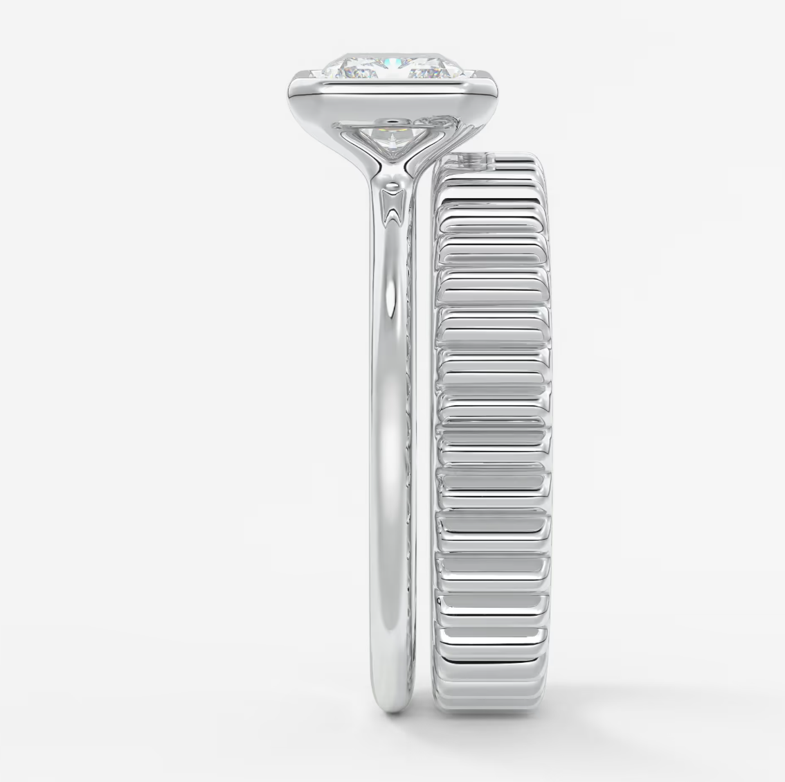 Custom made véda east-west radiant bezel engagement ring | lab diamond or moissanite –