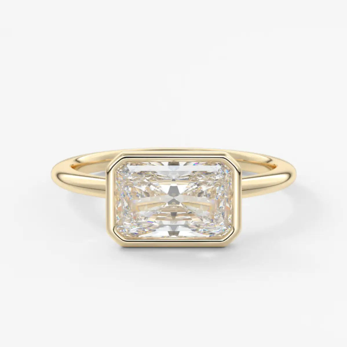 Custom made véda east-west radiant bezel engagement ring | lab diamond or moissanite –