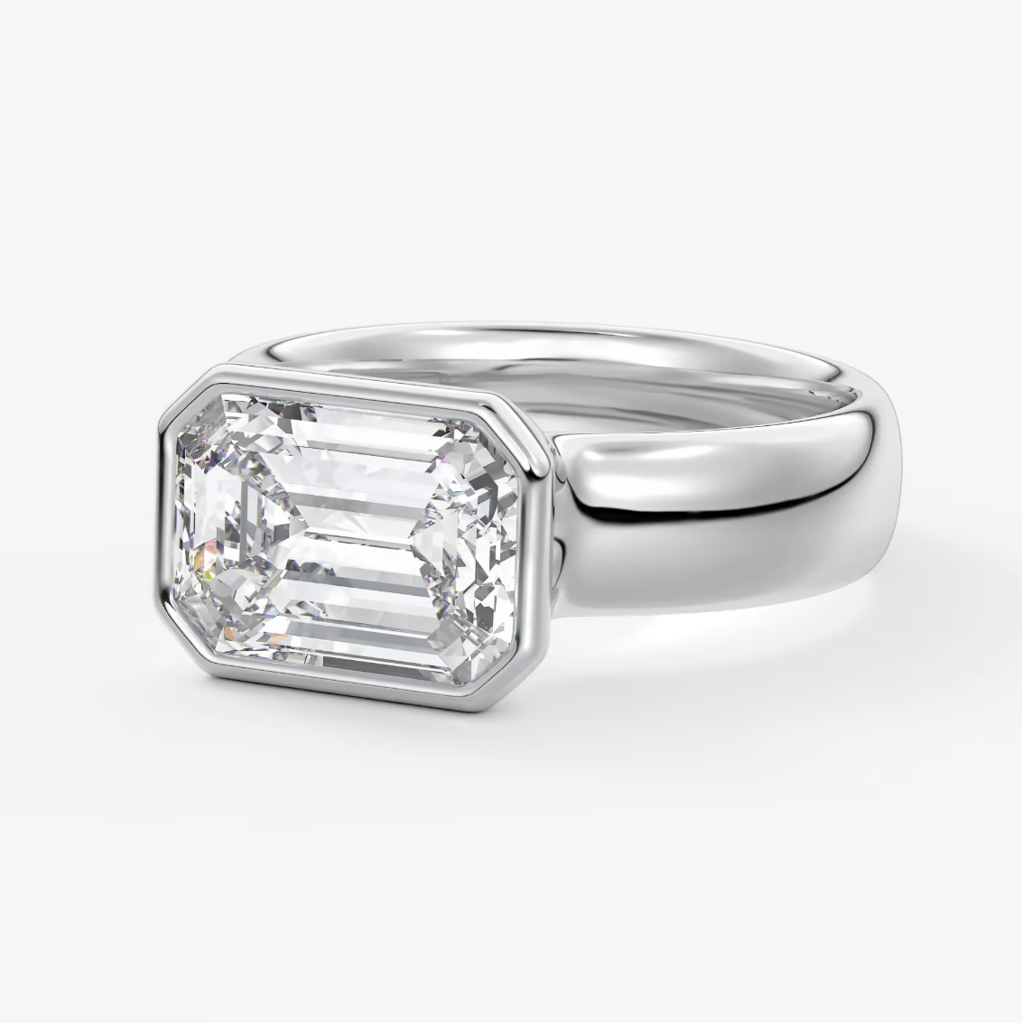 Custom made véda grande east-west emerald bezel ring | wide band | diamond lab