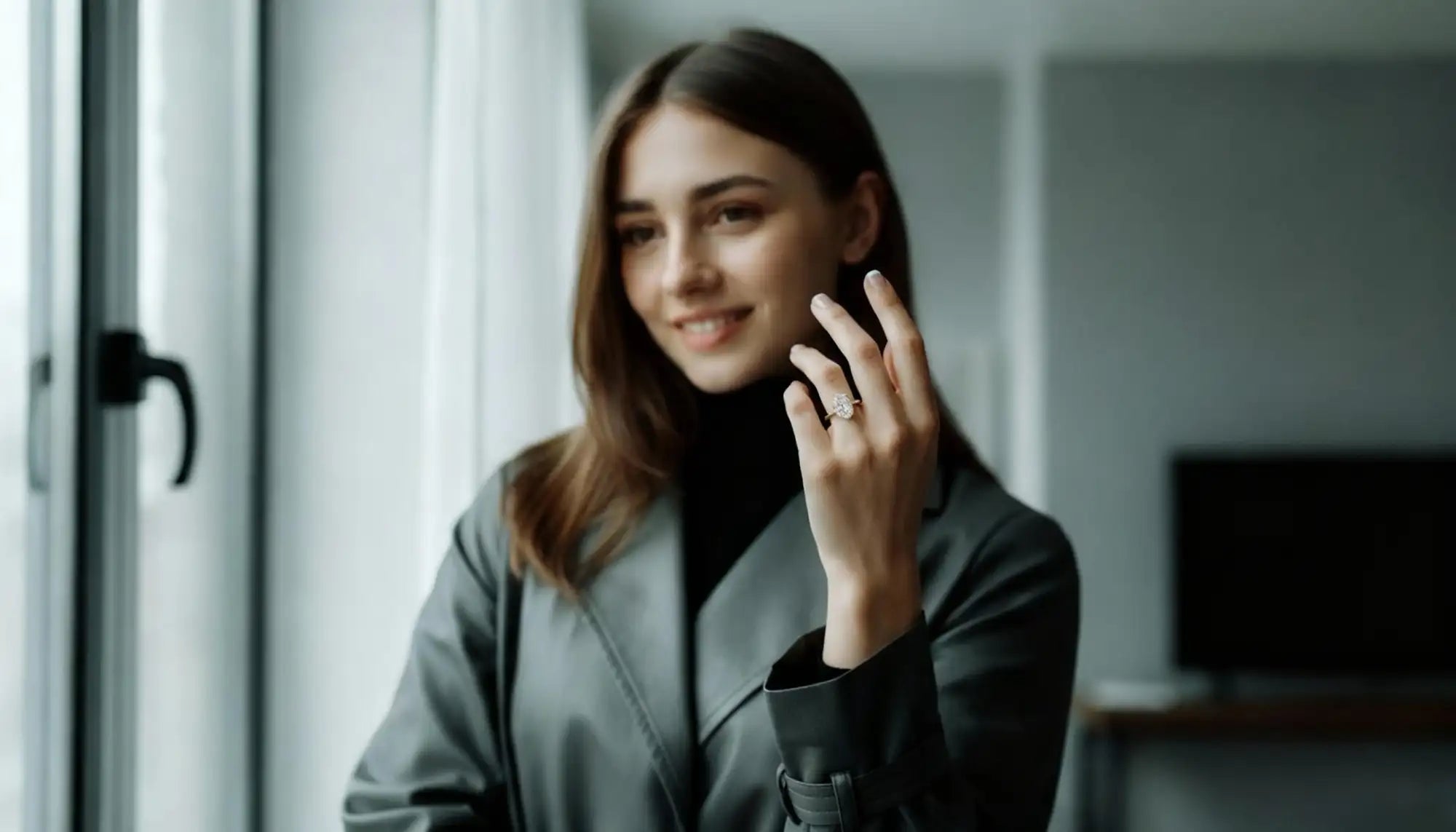 Woman in a gray coat standing by a window, smiling.
