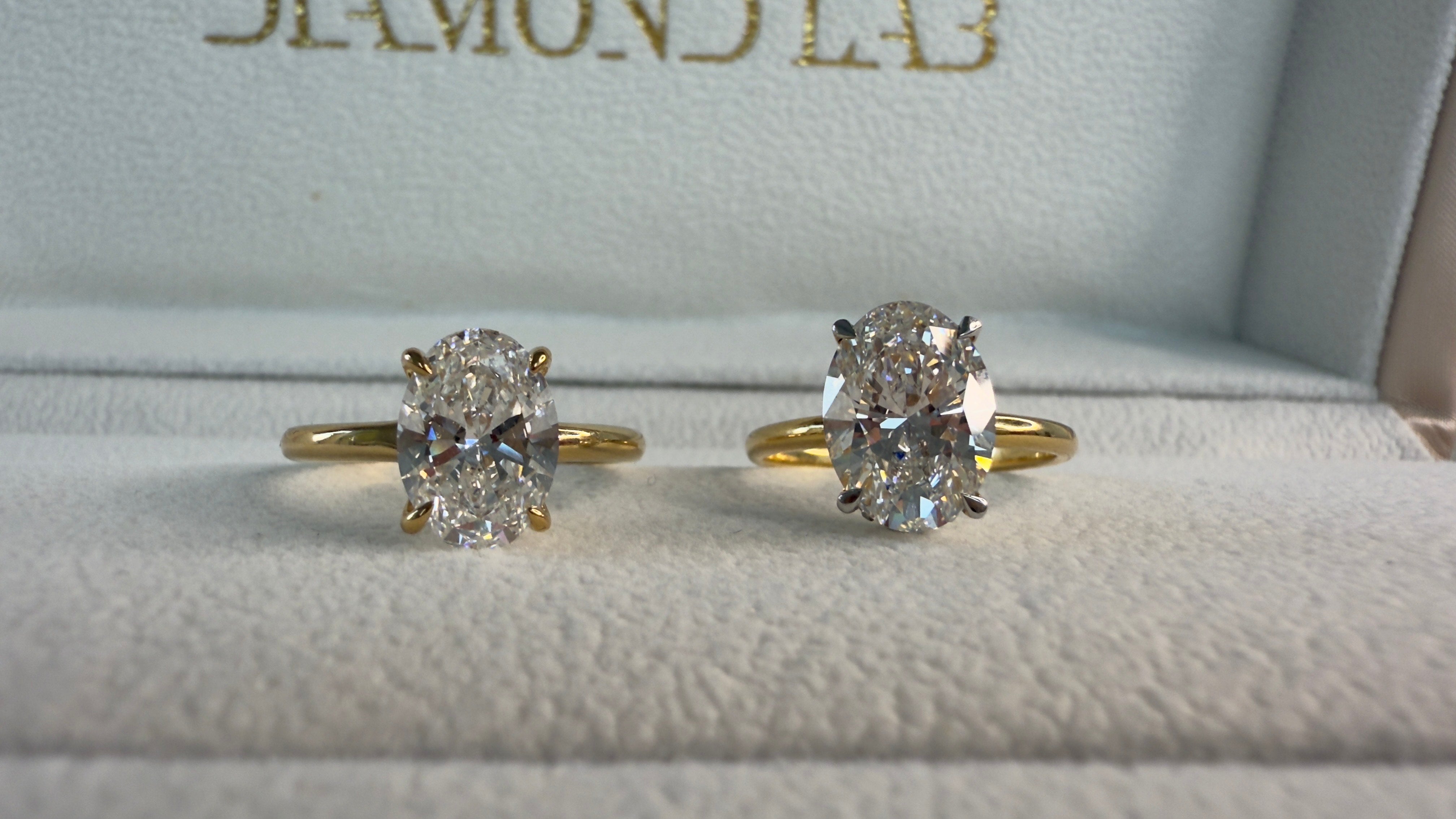 Ready to ship engagement rings from Diamond Lab, oval lab diamond yellow gold rings