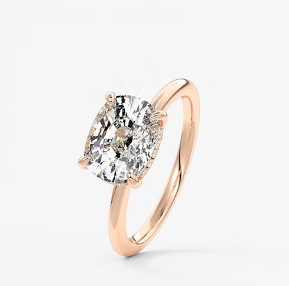 Celestia East-West Elongated Cushion Hidden Halo Ring – Lab Diamond or Moissanite