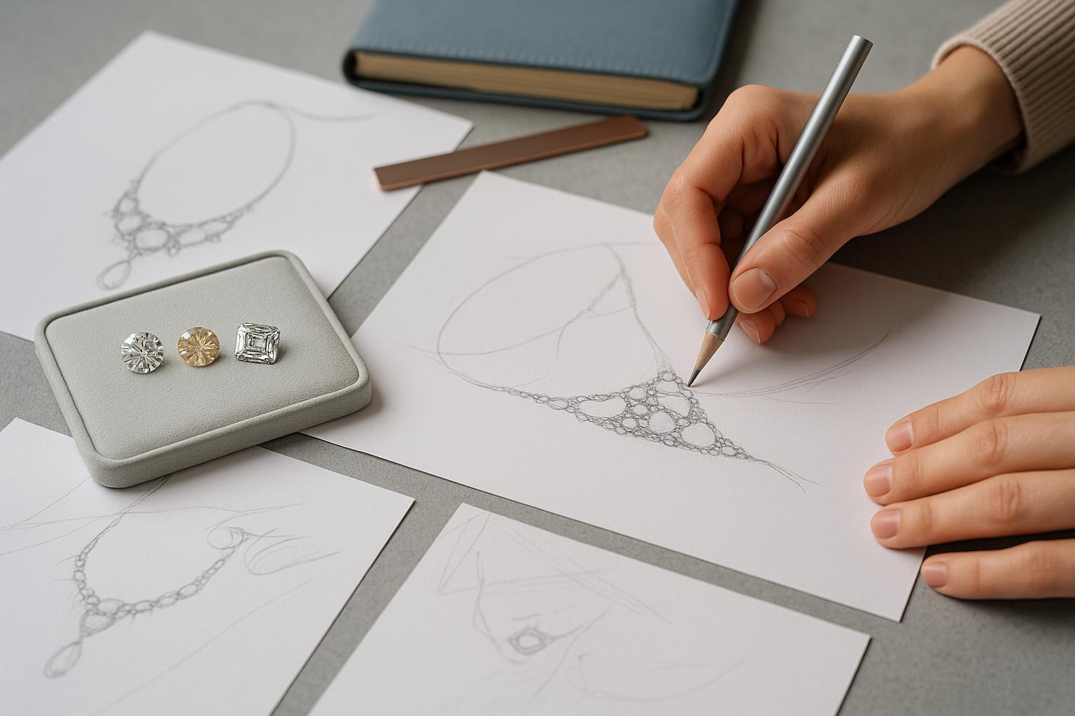 Person drawing a necklace on paper with jewelry and a notebook in the background