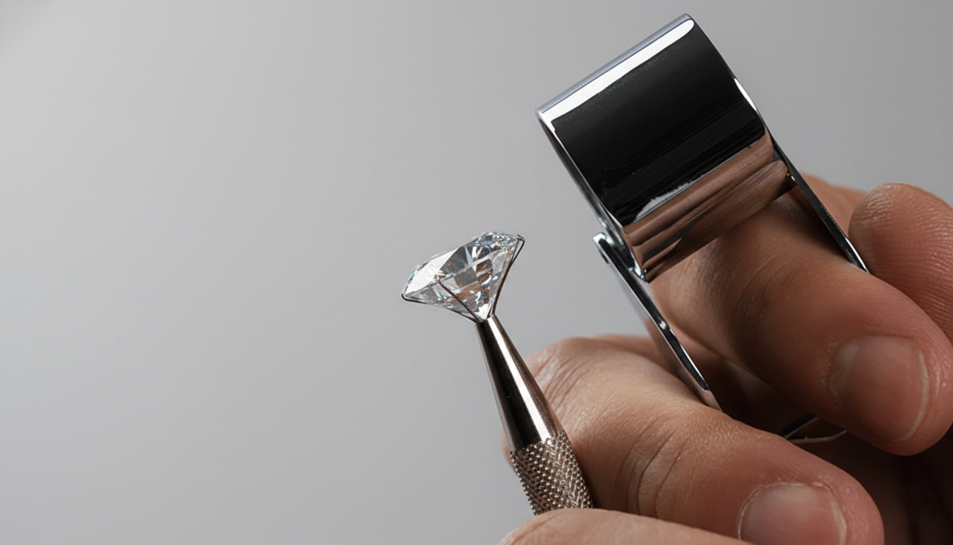 Diamond being held by a jeweler using a diamond loupe on a gray background