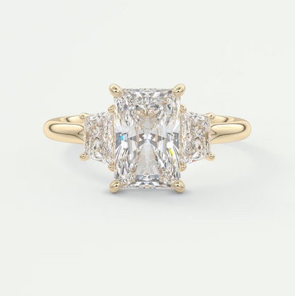 Elysian Radiant Three-Stone Engagement Ring with Trapezoid Side Stones