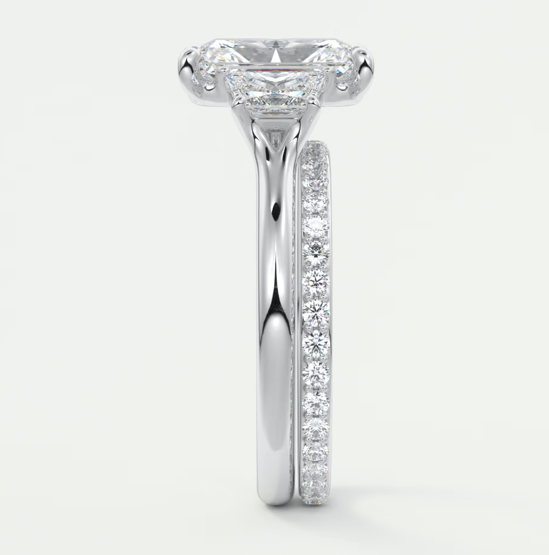 Elysian Radiant Three-Stone Engagement Ring with Trapezoid Side Stones