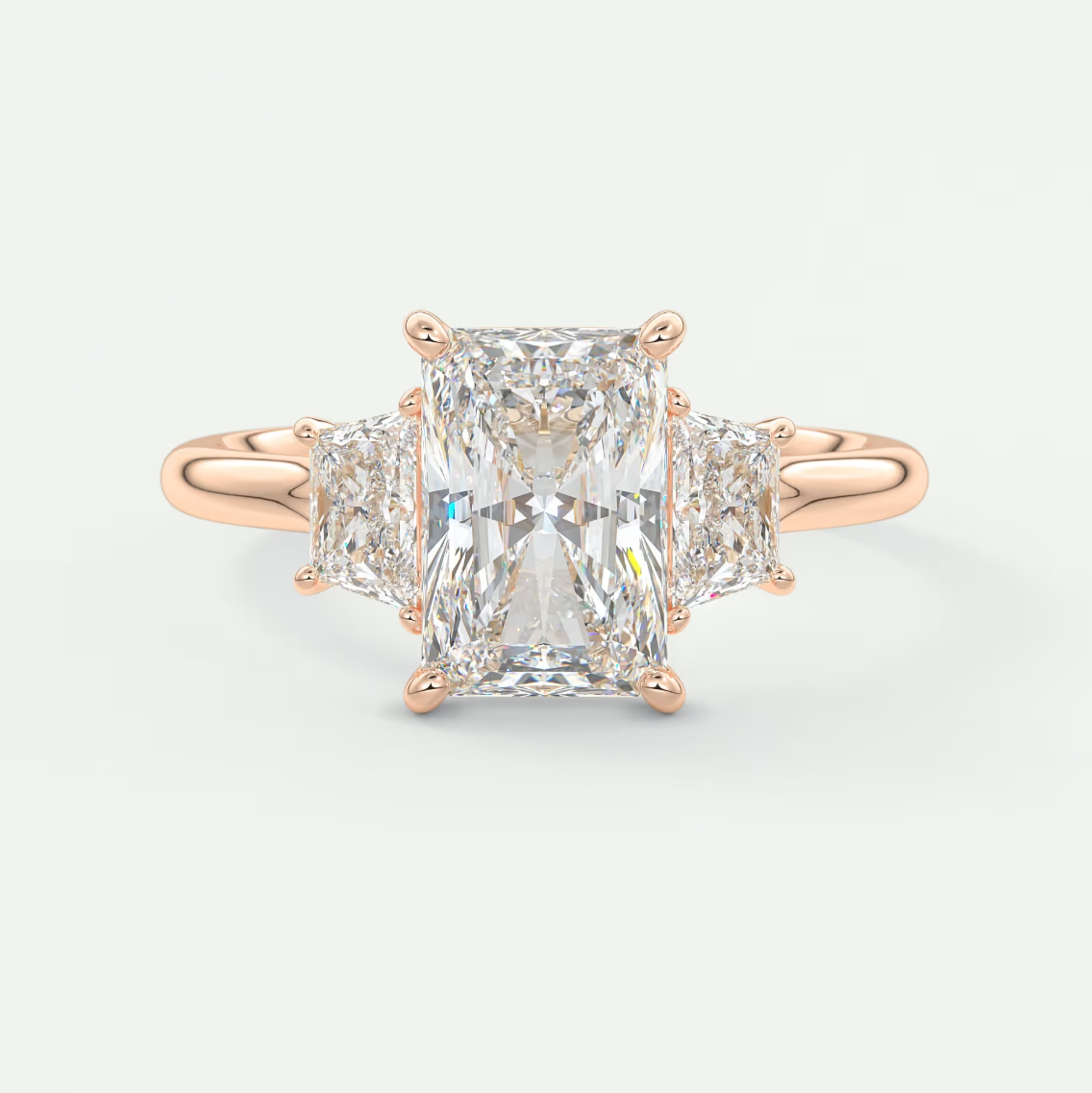 Elysian Radiant Three-Stone Engagement Ring with Trapezoid Side Stones