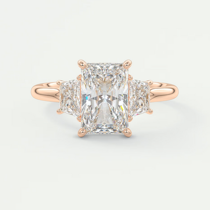 Elysian Radiant Three-Stone Engagement Ring with Trapezoid Side Stones
