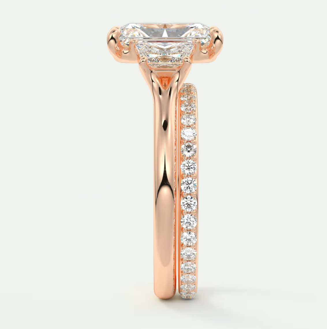 Elysian Radiant Three-Stone Engagement Ring with Trapezoid Side Stones