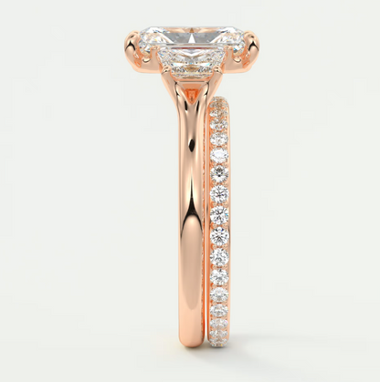 Elysian Radiant Three-Stone Engagement Ring with Trapezoid Side Stones