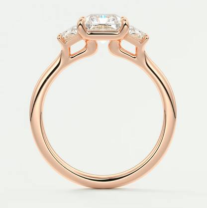 Elysian Radiant Three-Stone Engagement Ring with Trapezoid Side Stones