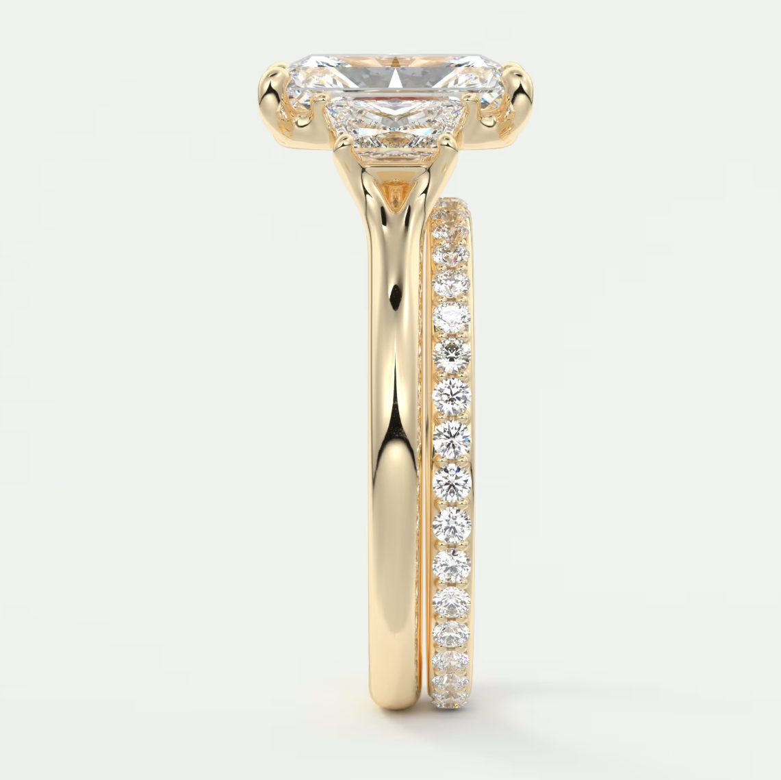 Elysian Radiant Three-Stone Engagement Ring with Trapezoid Side Stones