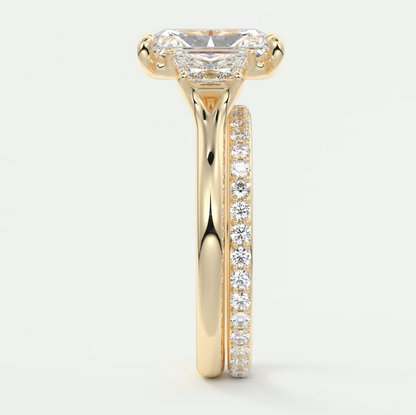 Elysian Radiant Three-Stone Engagement Ring with Trapezoid Side Stones