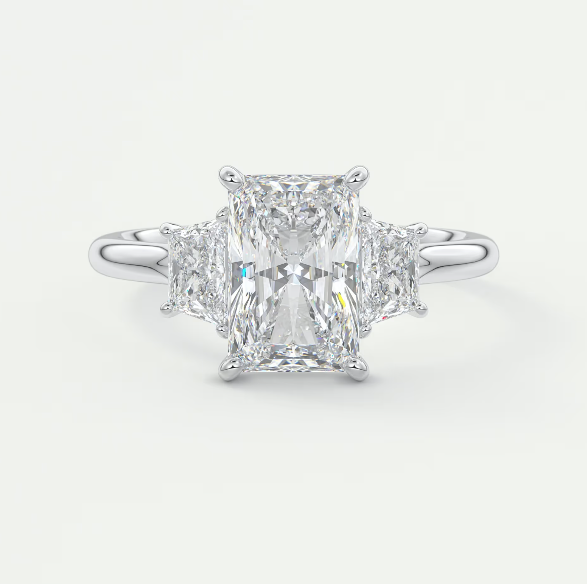 Elysian Radiant Three-Stone Engagement Ring with Trapezoid Side Stones